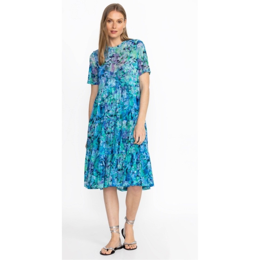 Johnny Was Jade Floral Mesh sheer midi tiered short slv Dress blue beach XS swim